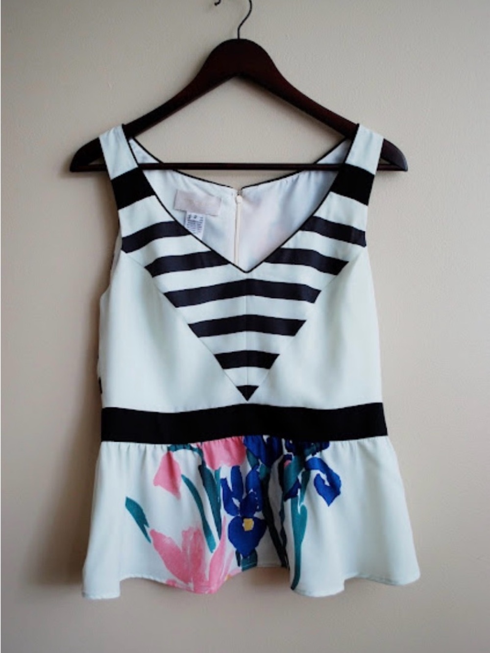 Corey Lynn Calter Verna White Black Striped Floral Peplum Top